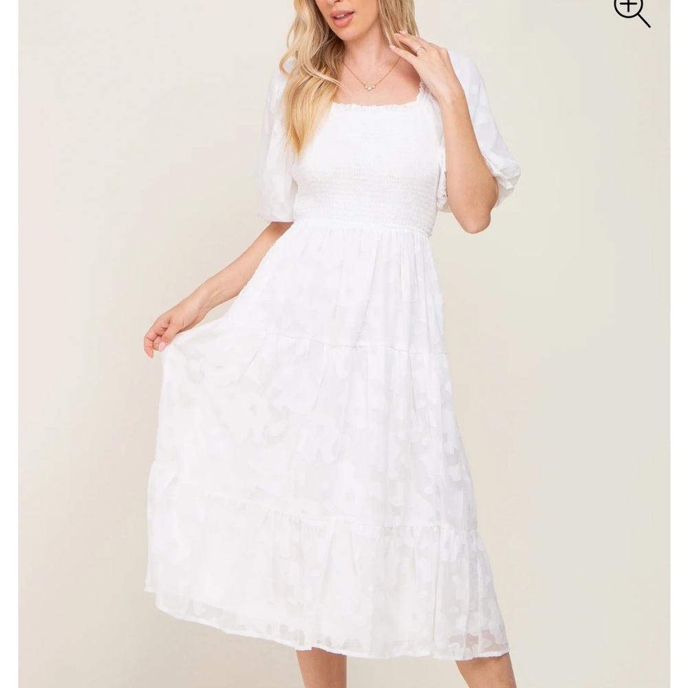 Ivory Floral Textured Tiered Midi Dress